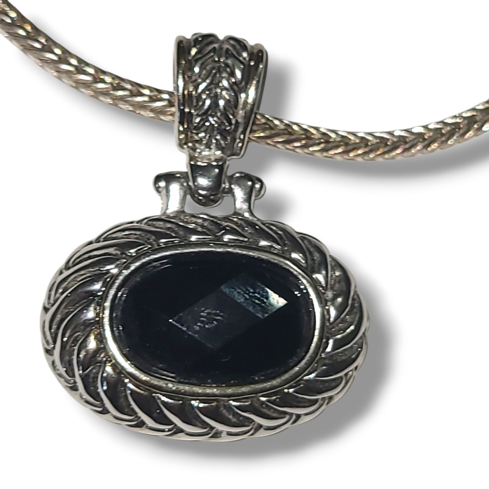 Vintage Black Glass Pendant Chunky Silver Tone Rope Chain Necklace 18"